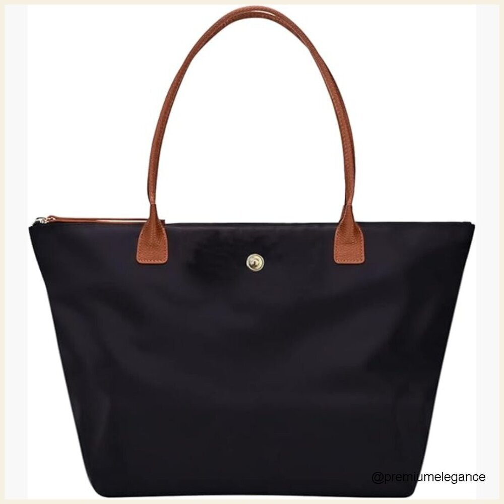 Large Nylon Tote Bag with Zipper Closure, Foldable Hobo Purse for Work Travel